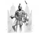 A victorious gladiator holding a trophy, surrounded by Roman architecture tattoo design idea