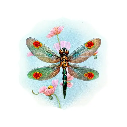 art nouveau dragonfly cameo with poppies tattoo design idea