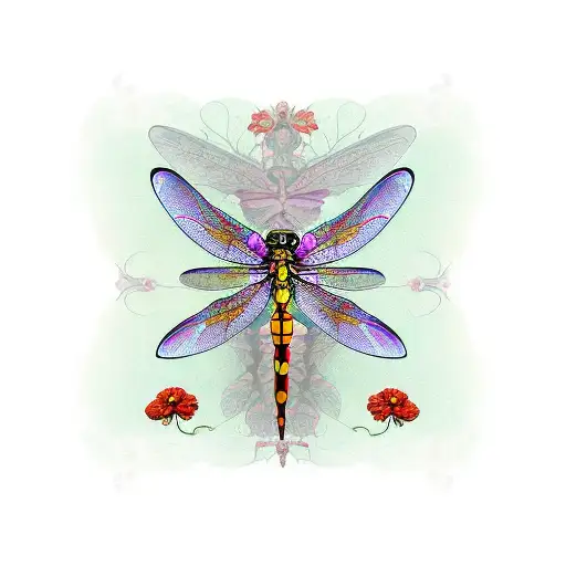 art nouveau framed dragonfly with poppies tattoo design idea