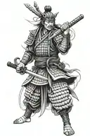 Samurai with a weapon, front view, dark tattoo design idea