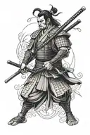 Samurai with a weapon, front view, dark tattoo design idea
