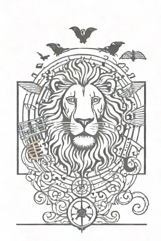 A lion head surrounded by musical notes and angels with some bats tattoo design idea
