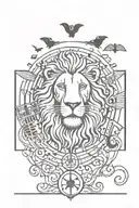 A lion head surrounded by musical notes and angels with some bats tattoo design idea