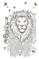A lion head surrounded by musical notes and angels with some bats tattoo design idea