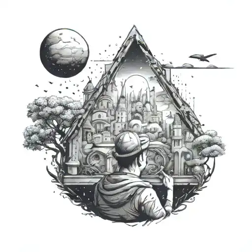 Illustrative tattoo of a dreamer gazing at a painting of an architectural wonder tattoo design idea