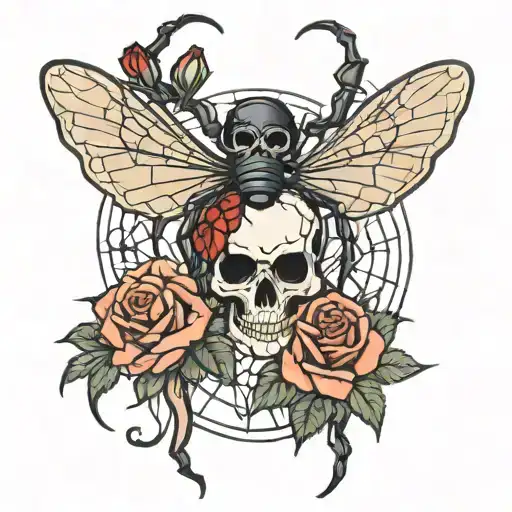 black widow spiders with webs and a rose with skull tattoo design idea