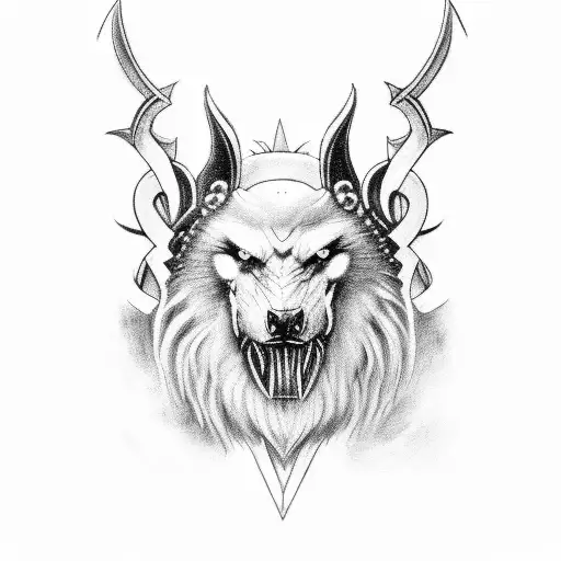  odin and hugin and muninn and fenrir in the back ground eating tyrs Hand tattoo design idea