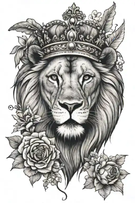 lion wearing a crown with flowers and raven perched tattoo design idea