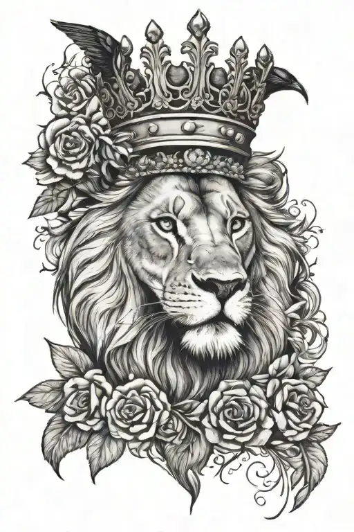 lion wearing a crown with flowers and raven perched tattoo design idea