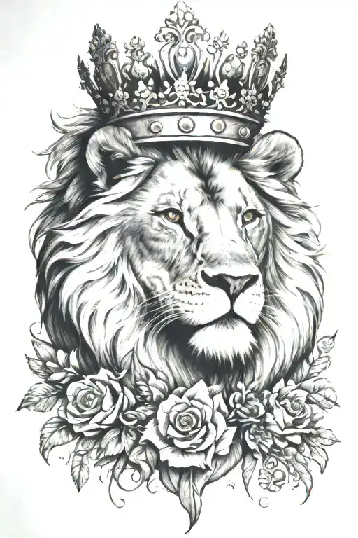 lion wearing a crown with flowers and raven perched tattoo design idea