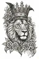 lion wearing a crown with flowers and raven perched tattoo design idea