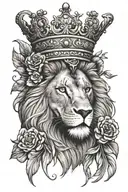 lion wearing a crown with flowers and raven perched tattoo design idea