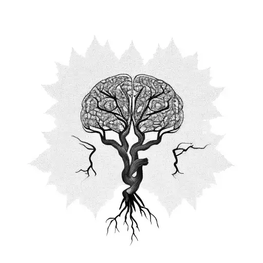 A tree with the shape of a human brain with roots being neuron connections , and some leaves at the top tattoo design idea