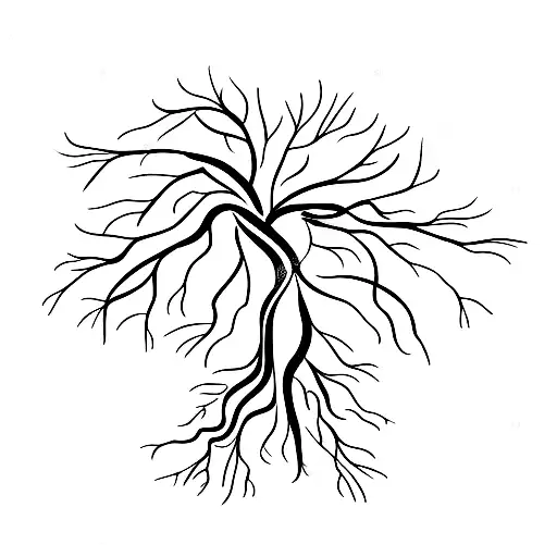 A tree with the shape of a human brain with roots being neuron connections , and some leaves at the top tattoo design idea
