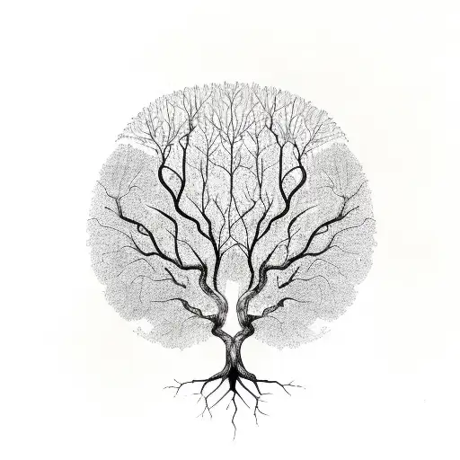 A tree with the shape of a human brain with roots being neuron connections , and some leaves at the top tattoo design idea