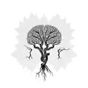 A tree with the shape of a human brain with roots being neuron connections , and some leaves at the top tattoo design idea