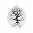 A tree with the shape of a human brain with roots being neuron connections , and some leaves at the top tattoo design idea