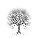 A tree with the shape of a human brain with roots being neuron connections , and some leaves at the top tattoo design idea