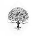 A tree with the shape of a human brain with roots being neuron connections , and some leaves at the top tattoo design idea