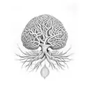 A tree with the shape of a human brain with roots being neuron connections , and some leaves at the top tattoo design idea