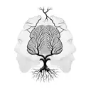 A tree with the shape of a human brain with roots being neuron connections , and some leaves at the top tattoo design idea