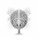 A tree with the shape of a human brain with roots being neuron connections , and some leaves at the top tattoo design idea