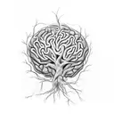 A tree with the shape of a human brain with roots being neuron connections , and some leaves at the top tattoo design idea