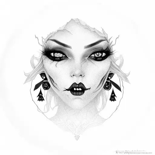 Black-grey portrait of a hauntingly beautiful vampire with blood-red lips tattoo design idea