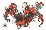 the ship was attacked by a kraken, and in the background there was a storm tattoo design idea