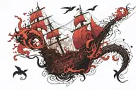 the ship was attacked by a kraken, and in the background there was a storm tattoo design idea