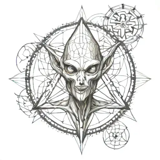 Geometric Grey alien teaching sacred geometry   tattoo design idea