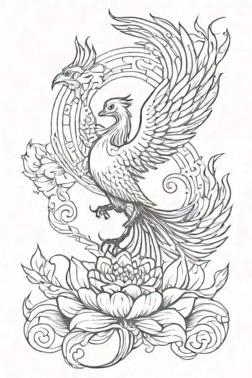 A mystical phoenix rising from a lotus flower, surrounded by the four elements (earth, air, fire, water) tattoo design idea