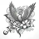 A mystical phoenix rising from a lotus flower, surrounded by the four elements (earth, air, fire, water) tattoo design idea