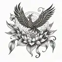 A mystical phoenix rising from a lotus flower, surrounded by the four elements (earth, air, fire, water) tattoo design idea