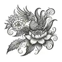 A mystical phoenix rising from a lotus flower, surrounded by the four elements (earth, air, fire, water) tattoo design idea