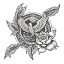 A mystical phoenix rising from a lotus flower, surrounded by the four elements (earth, air, fire, water) tattoo design idea