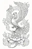 A mystical phoenix rising from a lotus flower, surrounded by the four elements (earth, air, fire, water) tattoo design idea