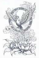 A mystical phoenix rising from a lotus flower, surrounded by the four elements (earth, air, fire, water) tattoo design idea
