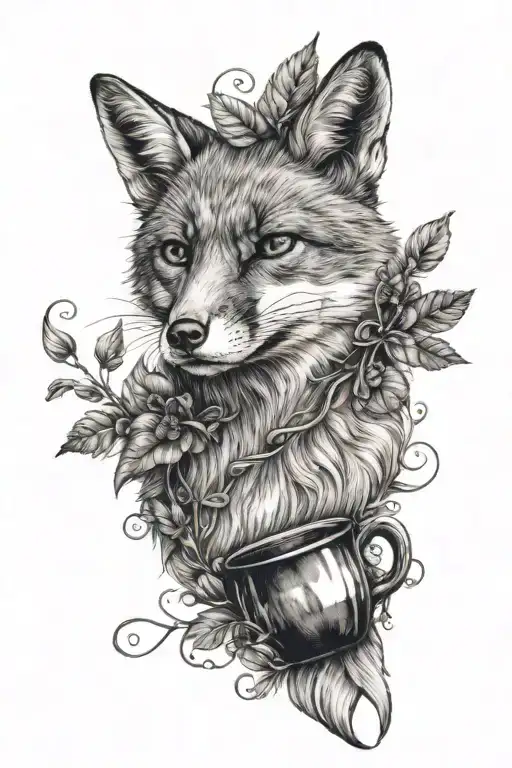 A realistic portrait of a fox with a coffee bean crown and vine accents tattoo design idea