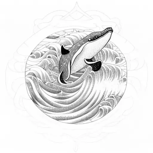 geometric whale inside of a frame with a Japanese paint of waves tattoo design idea