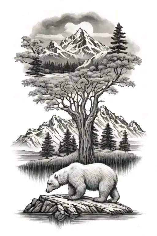 polar bear with mountains filled with trees tattoo design idea