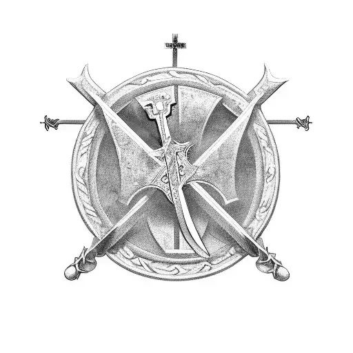 A protective shield with a cross and a sword intertwined, representing the client's dedication to Christianity and their role as a protector tattoo design idea