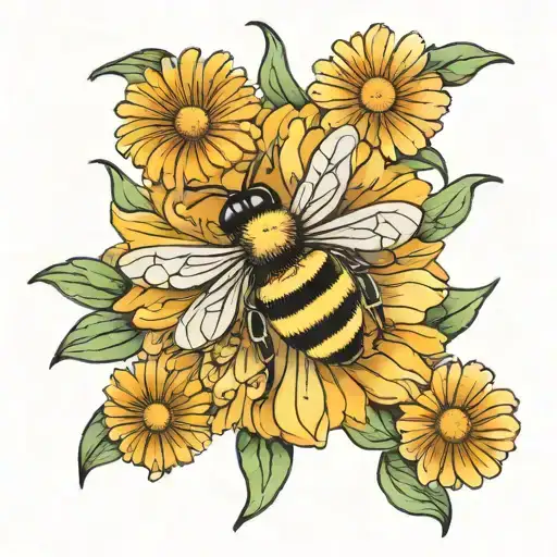 Bee flying around a Daisy flower tattoo design idea