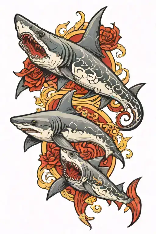 two sharks swimming around a trident clockwise  tattoo design idea