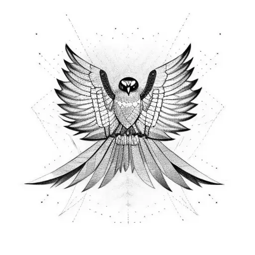 a black and white tattoo of a falcon with its wings spread wide, the tail turns into a tree branch tattoo design idea