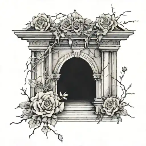 path to a goth cementery gate surrounded by withered roses tattoo design idea