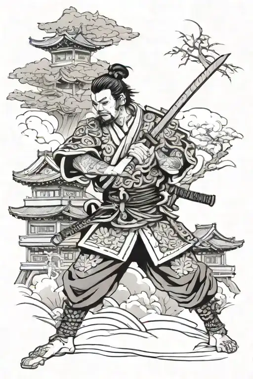Japanese buildings with a warrior wielding a sword tattoo design idea