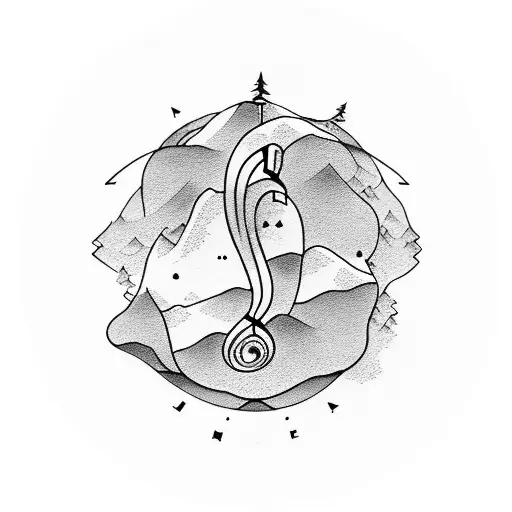 A topographic map of a mountain range with a treble clef incorporated tattoo design idea