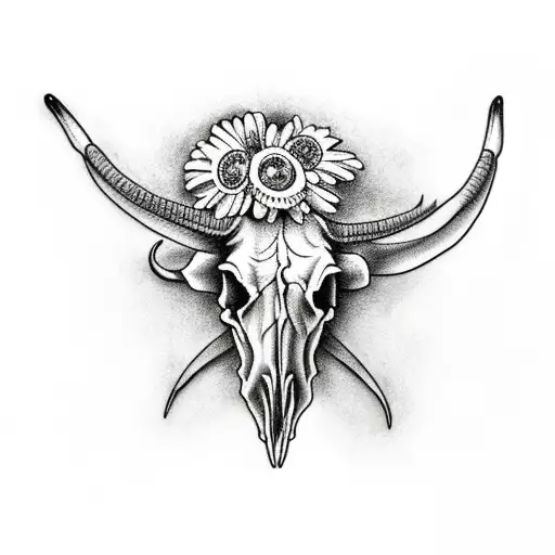 longhorn skull with flowers tattoo design idea