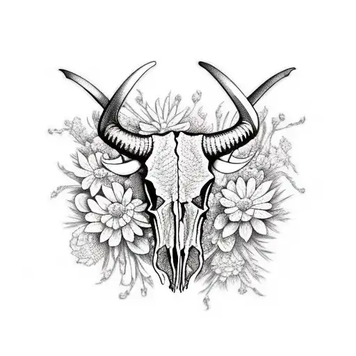 longhorn skull half covered with flowers tattoo design idea